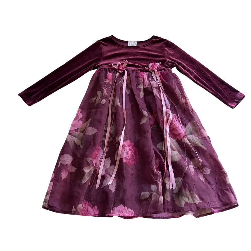 Vtg Y2K 2000s Velvet Floral Holiday Church Dress Girl's Sz 5 Cottagecore
